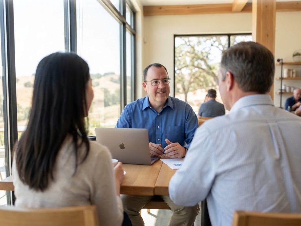 Eric talking with two people across a sunlit table, a laptop and printed charts between them.